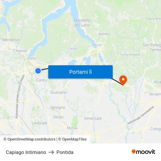 Capiago Intimiano to Pontida map