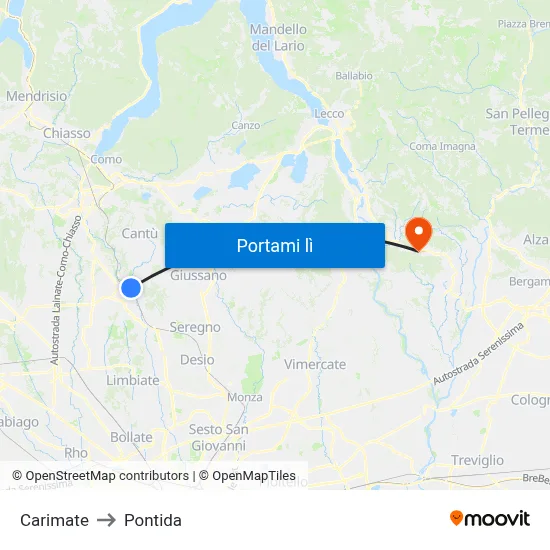 Carimate to Pontida map