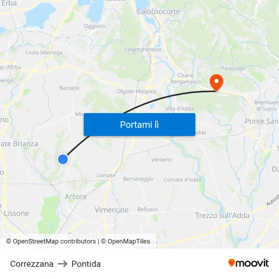 Correzzana to Pontida map