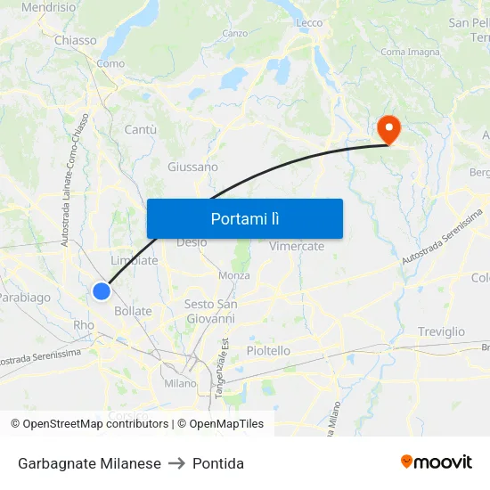 Garbagnate Milanese to Pontida map