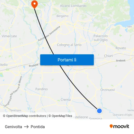 Genivolta to Pontida map