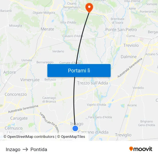 Inzago to Pontida map