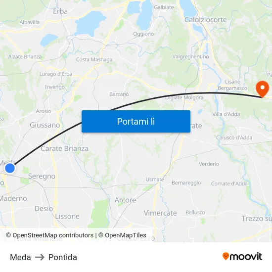 Meda to Pontida map