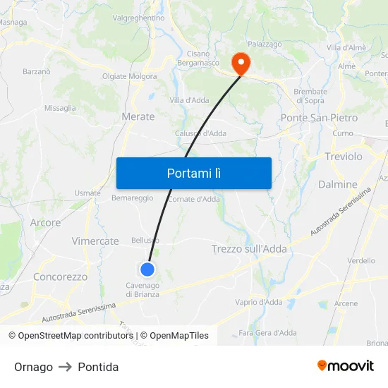 Ornago to Pontida map