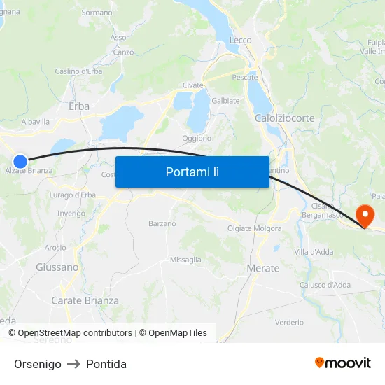 Orsenigo to Pontida map