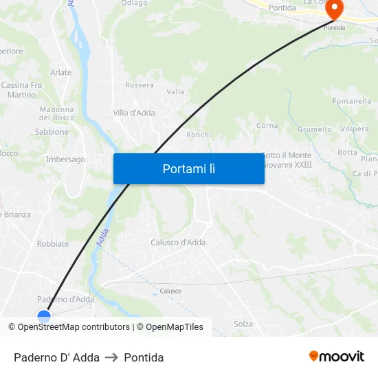 Paderno D' Adda to Pontida map
