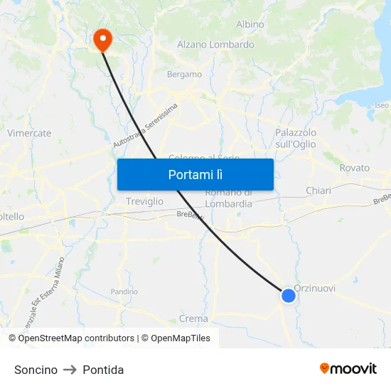 Soncino to Pontida map