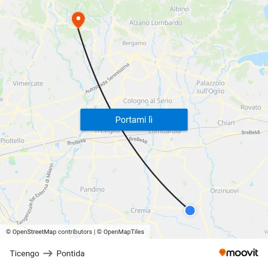 Ticengo to Pontida map