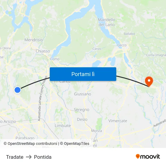 Tradate to Pontida map