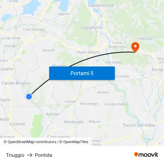 Triuggio to Pontida map