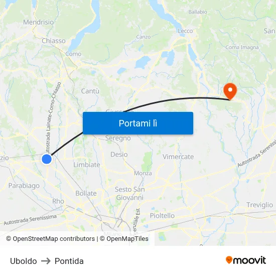 Uboldo to Pontida map