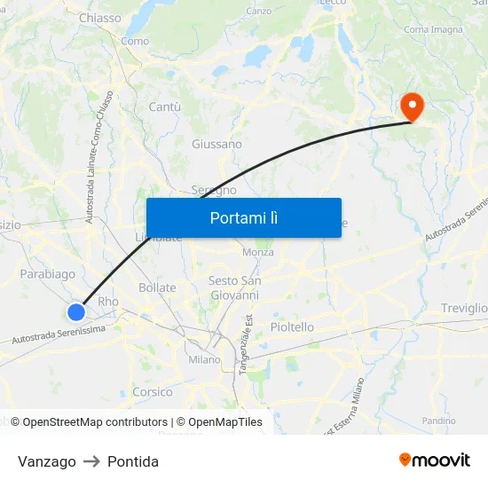 Vanzago to Pontida map