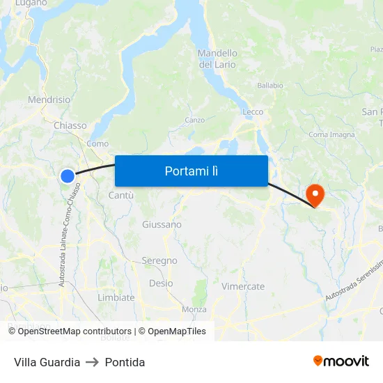 Villa Guardia to Pontida map