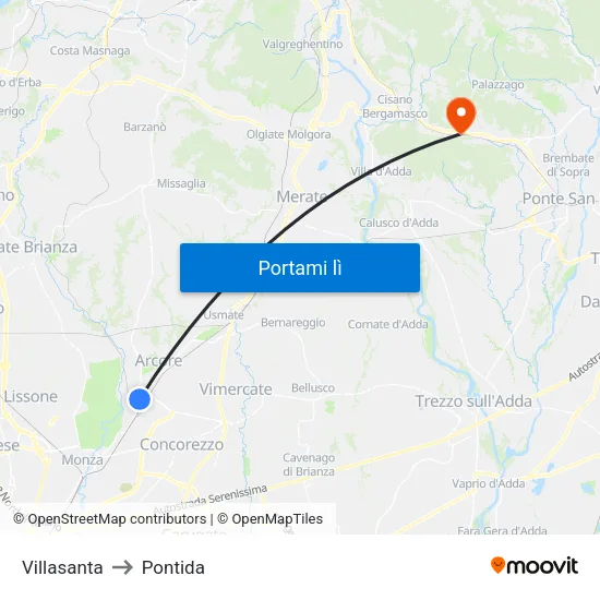 Villasanta to Pontida map
