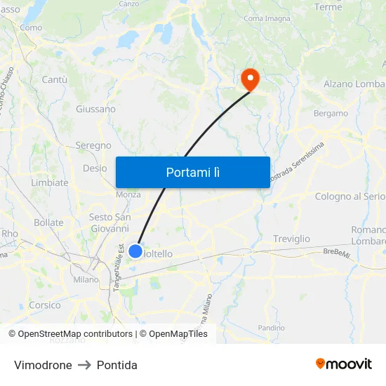 Vimodrone to Pontida map