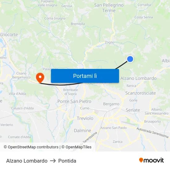 Alzano Lombardo to Pontida map