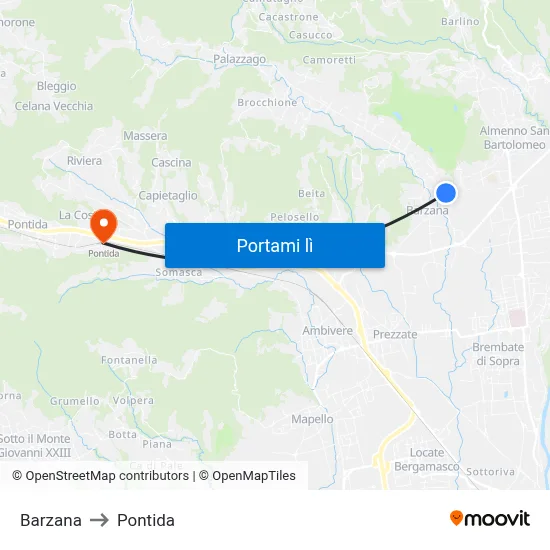Barzana to Pontida map