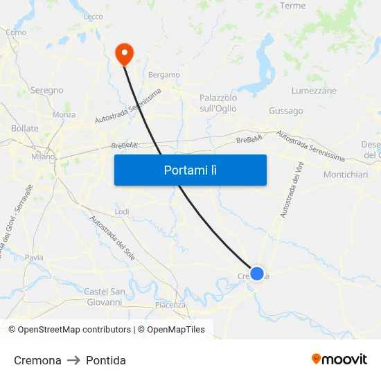 Cremona to Pontida map