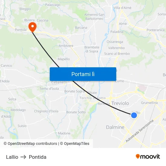 Lallio to Pontida map