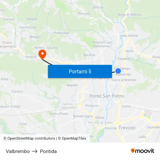 Valbrembo to Pontida map