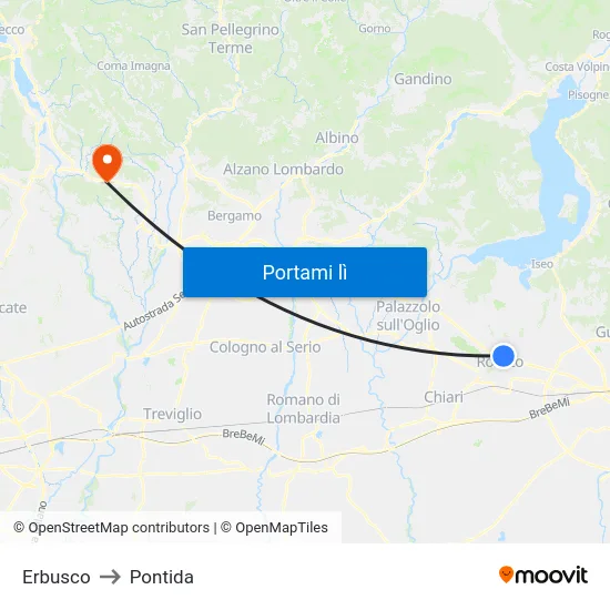 Erbusco to Pontida map