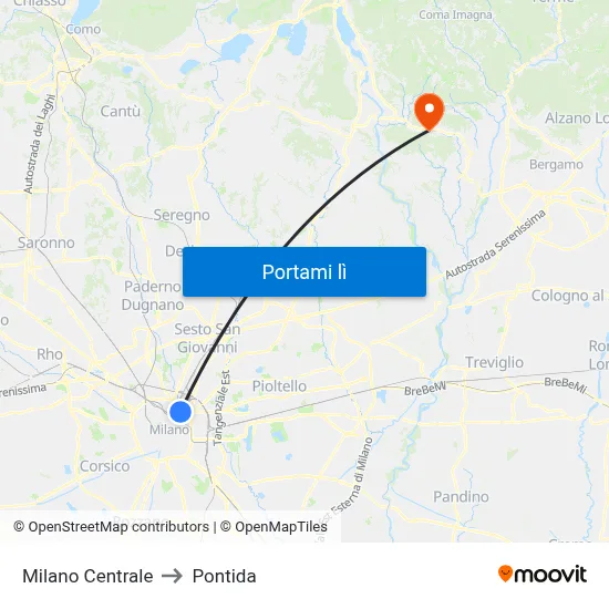 Milano Centrale to Pontida map