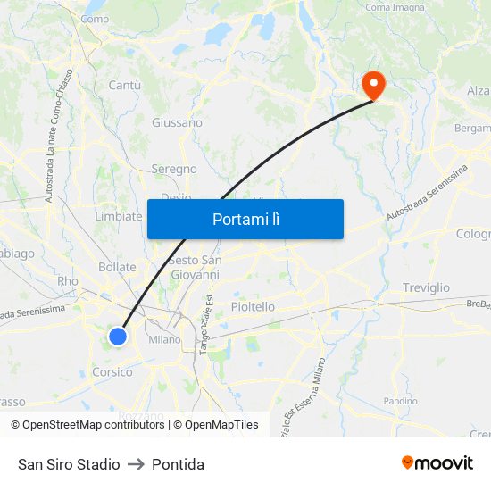 San Siro Stadio to Pontida map