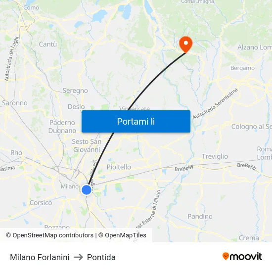 Milano Forlanini to Pontida map