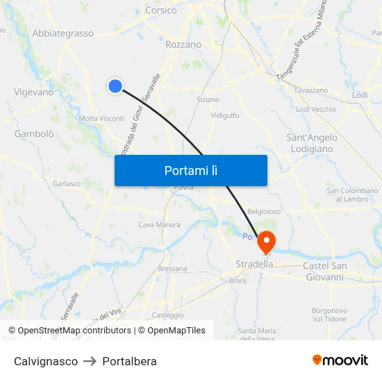 Calvignasco to Portalbera map
