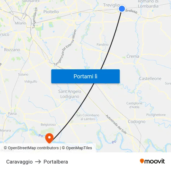 Caravaggio to Portalbera map