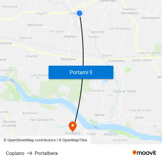 Copiano to Portalbera map