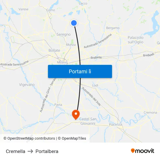 Cremella to Portalbera map