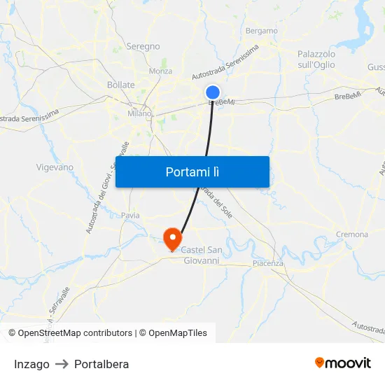 Inzago to Portalbera map