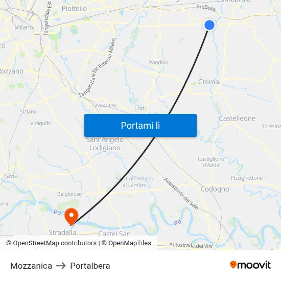 Mozzanica to Portalbera map