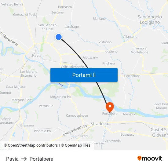 Pavia to Portalbera map
