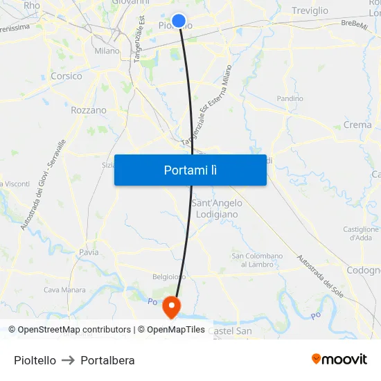 Pioltello to Portalbera map