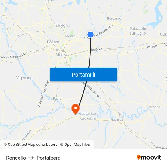 Roncello to Portalbera map