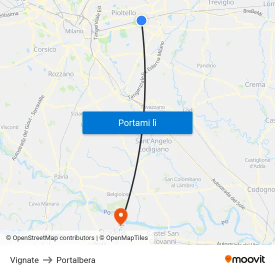 Vignate to Portalbera map