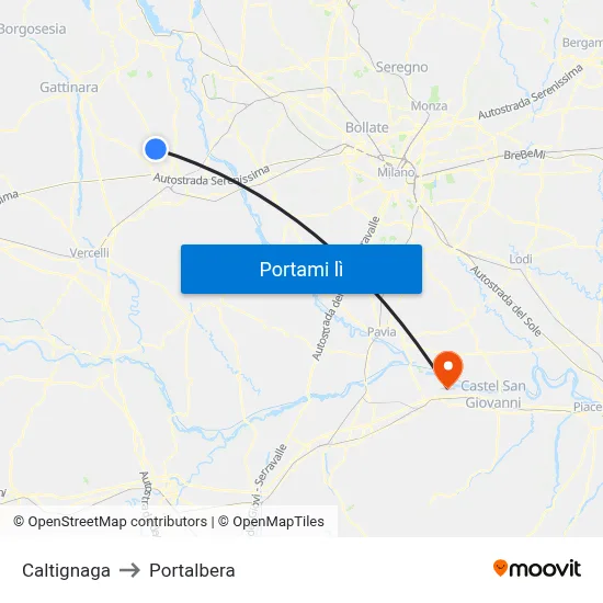 Caltignaga to Portalbera map