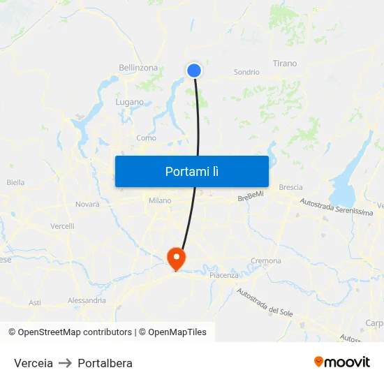 Verceia to Portalbera map