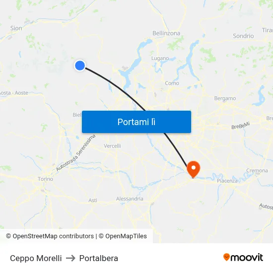 Ceppo Morelli to Portalbera map