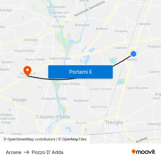 Arcene to Pozzo D' Adda map