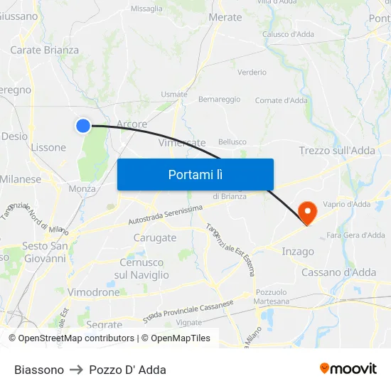 Biassono to Pozzo D' Adda map