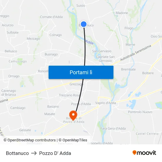 Bottanuco to Pozzo D' Adda map