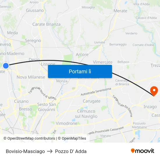 Bovisio-Masciago to Pozzo D' Adda map
