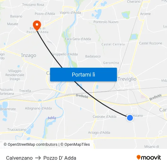 Calvenzano to Pozzo D' Adda map