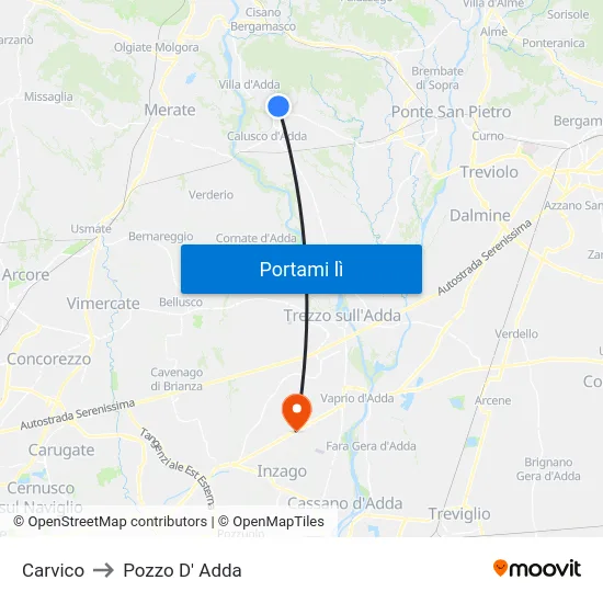 Carvico to Pozzo D' Adda map