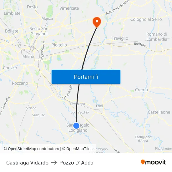 Castiraga Vidardo to Pozzo D' Adda map
