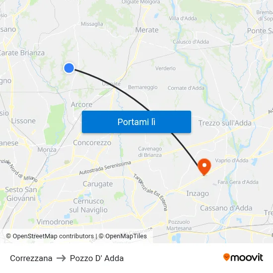 Correzzana to Pozzo D' Adda map
