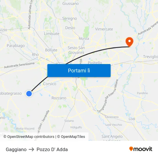 Gaggiano to Pozzo D' Adda map